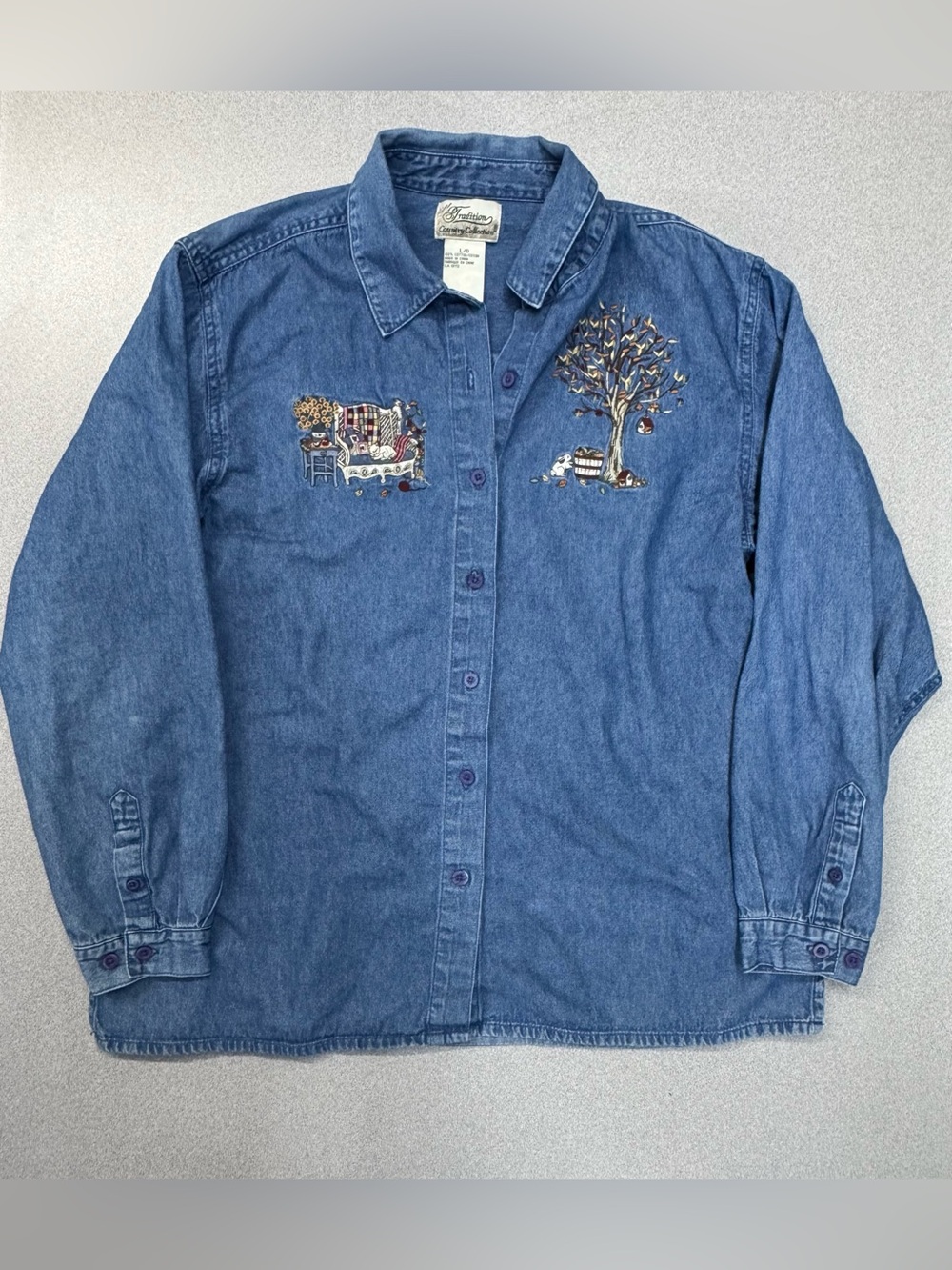 Vintage Tradition Denim Button Down w/ Embroidered Cat Rabbit Cottagecore Motif